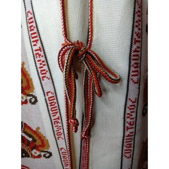 Vtg 1970s Knit Cuauhtemoc Poncho Cream One Size Tribal Boho Fringed Tie Front - Picture 3 of 7
